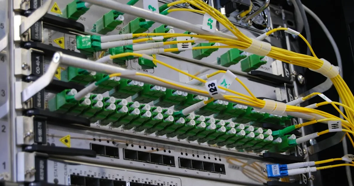 Gelbe Singlemode-Glasfaserkabel am LWL-Patchfeld im Serverschrank, jede Steckverbindung erhöht die Dämpfung