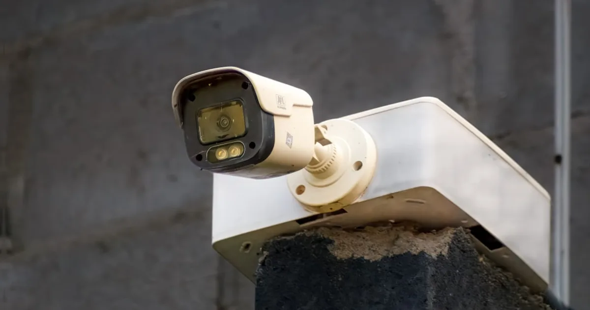 Moderne IP-Sicherheitskamera an einer Außenwand montiert.
