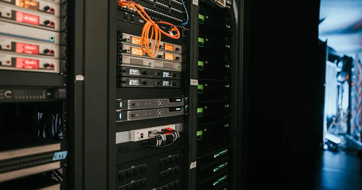Serverschrank mit Netzwerk-Hardware in einem Technikraum.