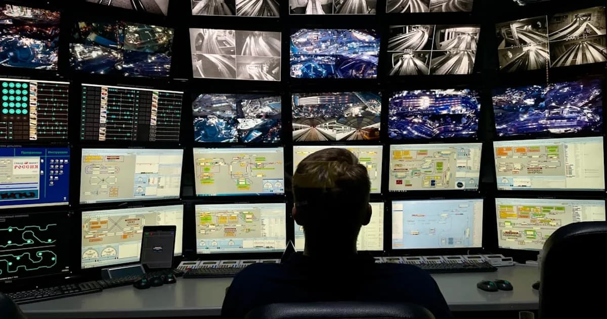 Sicherheitsmitarbeiter überwacht mehrere Monitore mit Kamerabildern.